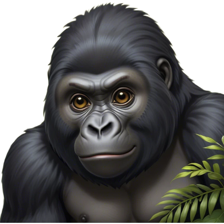 Cinematic Cute mountain Gorilla Portrait Emoji, Head tilted playfully and inquisitively, with a robust build accented by a striking black and grey mane and round, sparkling eyes full of gentle charm, Simplified yet irresistibly adorable features, highly detailed, glowing with a warm, friendly jungle glow, high shine, affectionate and lively, stylized with a touch of endearing primate whimsy, soft glowing outline, capturing the essence of a mischievous yet loving mountain that feels like it could lumber out of the screen into your arms! emoji