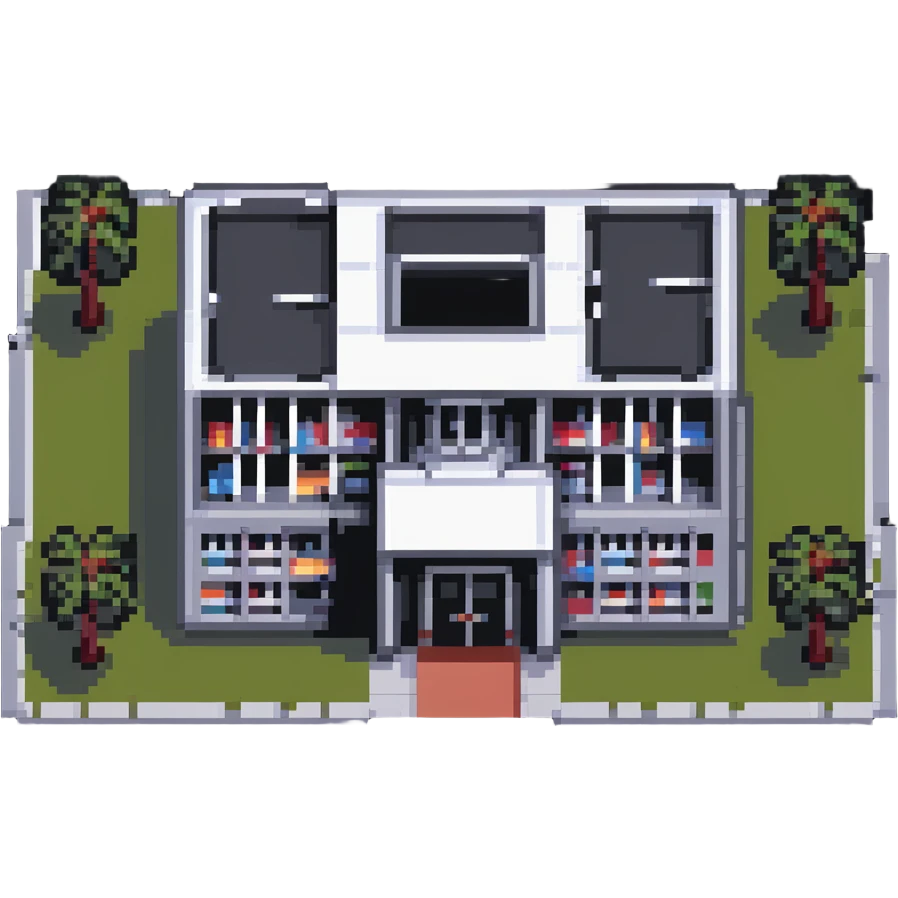 modern school campus building with multiple entrances, no flag pole emoji