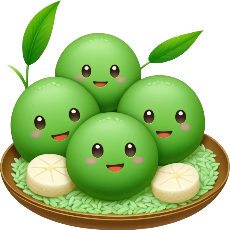 Qingming Festival green rice balls Qingtuan with sweet filling, simplified emoji style with bold outlines and bright colors, cartoon style green mochi-like dessert emoji