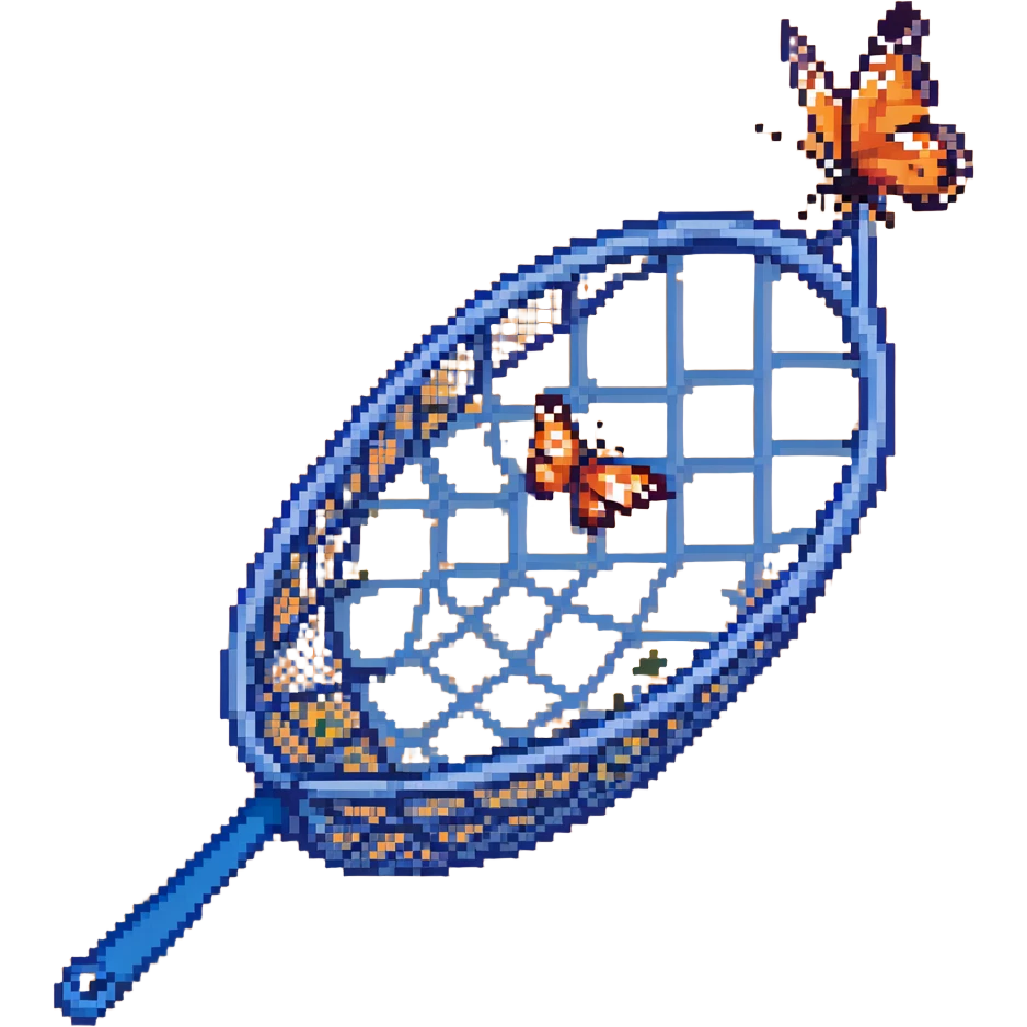 An insect-catching net with a blue handle and a butterfly inside the net emoji
