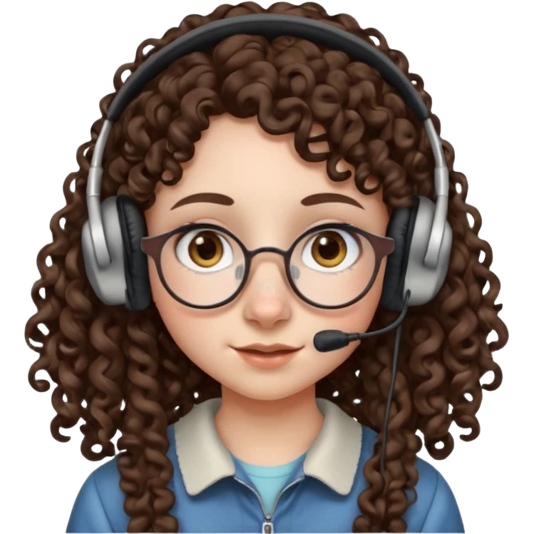brunette kid with unique face features and very curly long hair kid girl neutral and very big nose and ears and dark eyes with freckles kind of nerd looking and headphone wearing no glassess just nose piercing very big one emoji