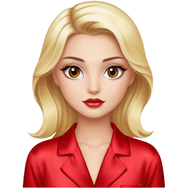 blonde model with brown eyes, luxury makeup, red silk pajamas emoji