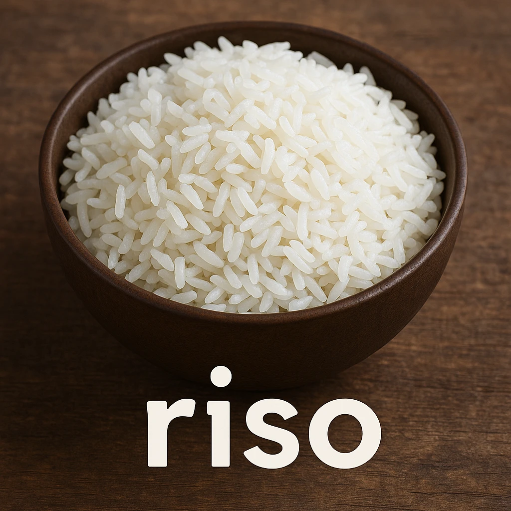 photo realistic bowl full of cooked rice with separate and fluffy grains with the word 'riso' in Italian on the image emoji