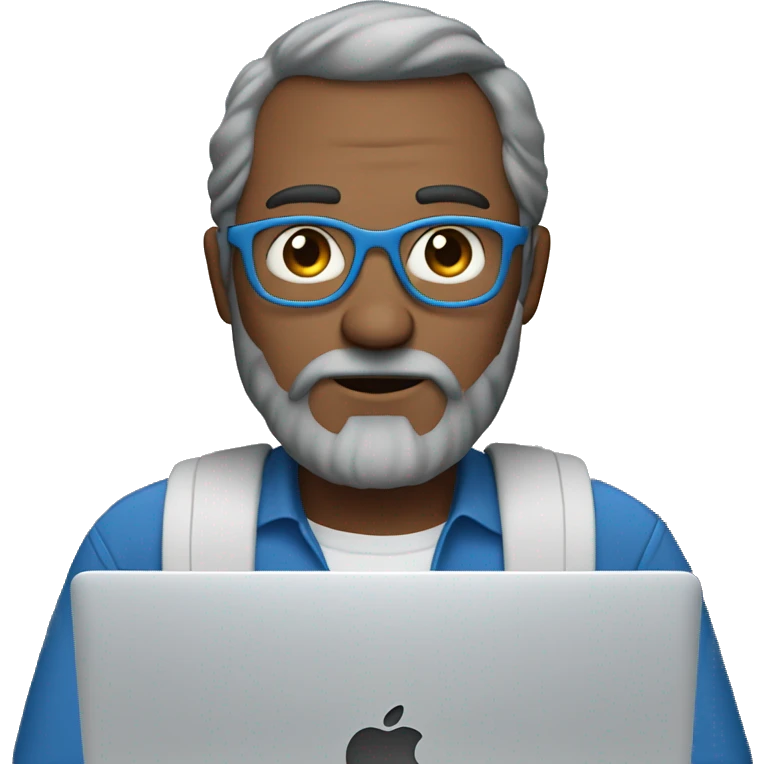 Brown hair. man. long grey beard. blue eyes. No eye brows. behind Apple Mac laptop emoji