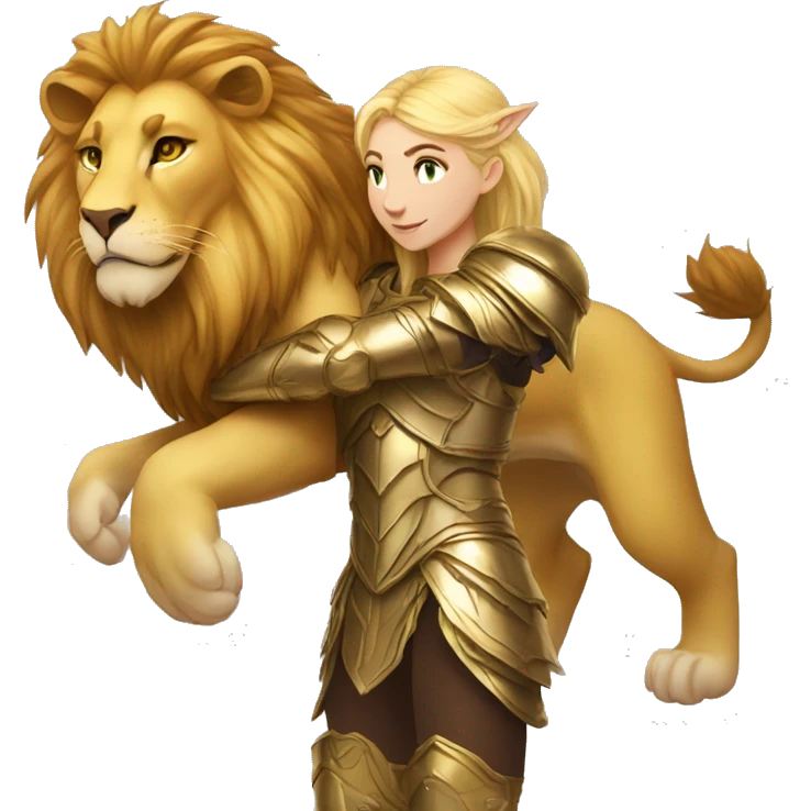 A lion leonin with golden armor hugging a female blonde elf  emoji
