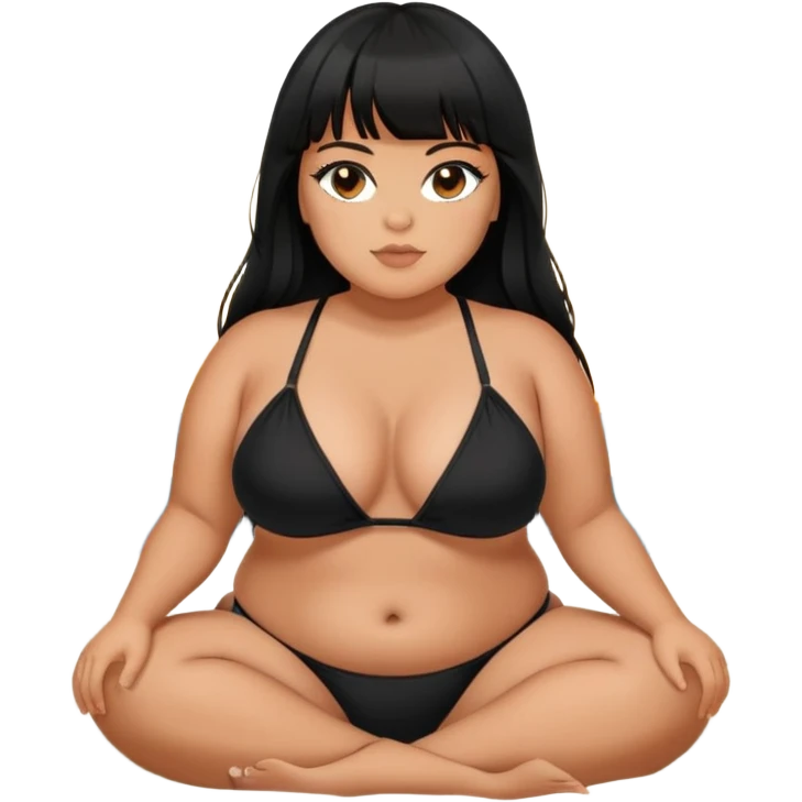 Plus size Latina female with bangs black long hair in the beach with black bikini sitting on a bed emoji