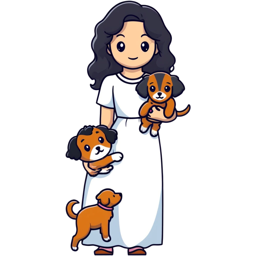 A beautiful girl with long black hair in a white dress holds a small brown curly-haired dog emoji