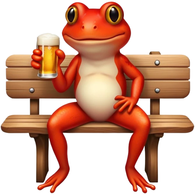 Red frog sitting on the bench and sipping a bottle of beer emoji