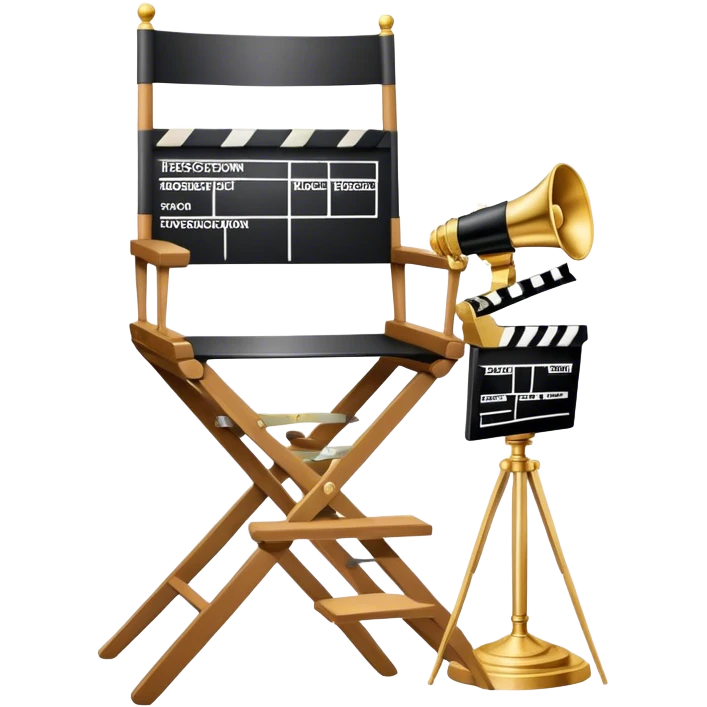 Icon for Directing: professional collage with director's chair, a film slate, a megaphone and an Oscar statuette. The icon should represent the creative and leadership aspects of directing, with focus on film and theater production. Transparent background. emoji