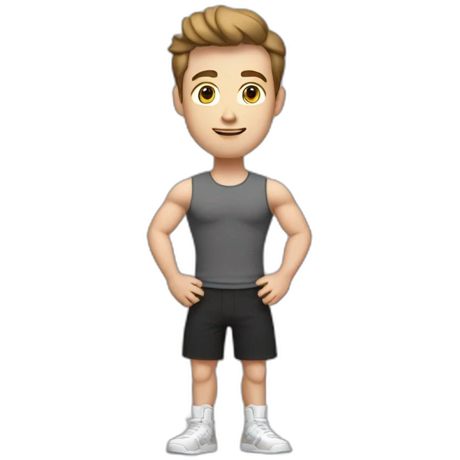 Full height Actively gesturing with hands Pale skinned Fit Man With the biceps and brown hair in dark gray Sleeveless Mike, black oversize sports shorts, watch and white Sneakers emoji