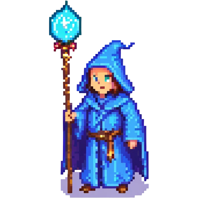 8-bit pixel art wizard yelling, blue robe, magic staff, classic NES palette emoji