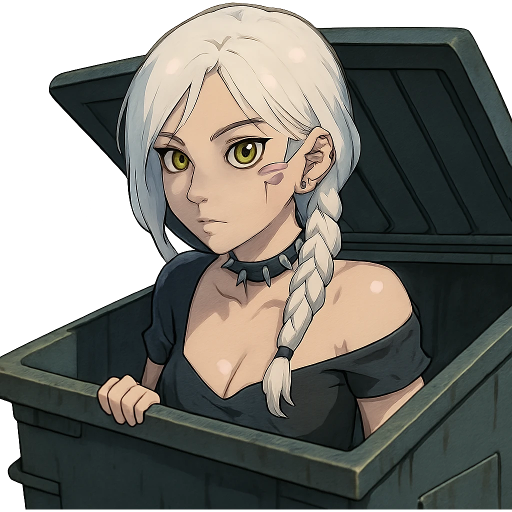 she is poking out from a garbage dumpster, a closeup portrait of young woman with gold yellow eyes, white hair, long braid, black off-shoulder top d-cup, punk gothic style, futuristic cyberwave cyberpunk, emoji