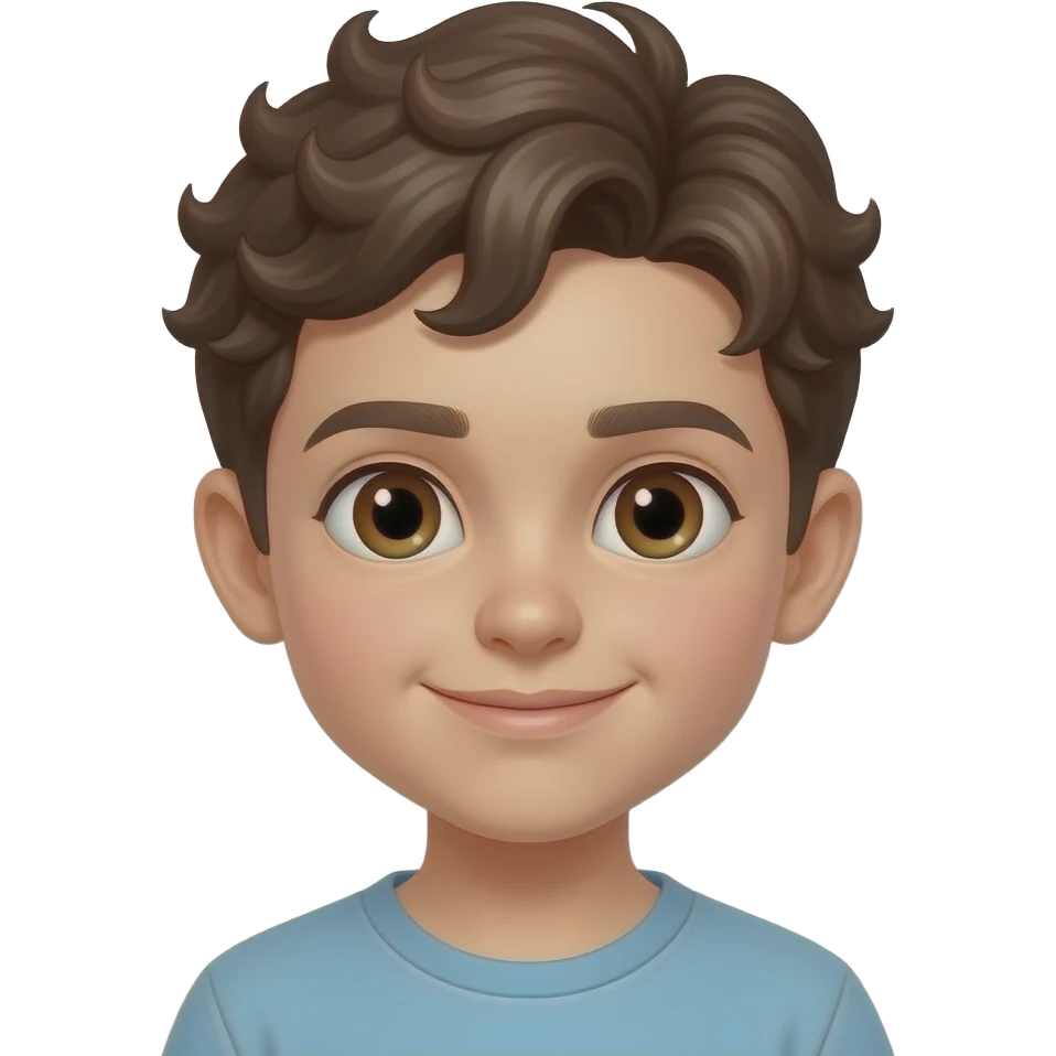 Crea un emoji de un chico de cabello rizado corto, ojos marrones, color carton y lindote emoji