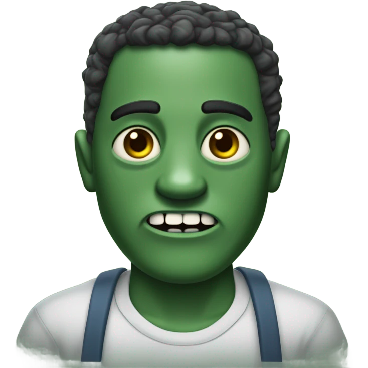 Zumbi com pele verde-acinzentada, olhos grandes e amarelados, boca aberta e ferimento exposto na bochecha esquerda. Cabelos loiros-ruivos e camisa neutra. emoji