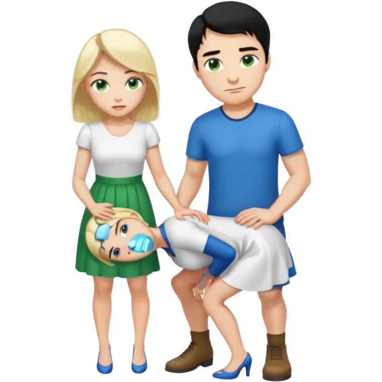 King, man, standing, black Hair, blue eyes, whole body, Woman, bending knees, blonde, green eyes, White Dress, emoji