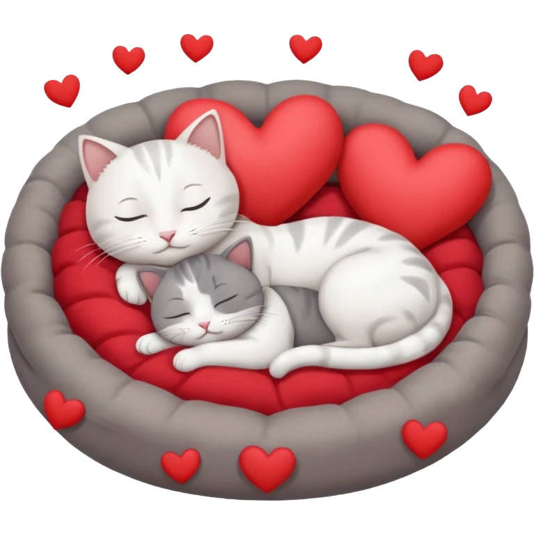 White cat and gray cat sleeping in a bed full of hearts emoji