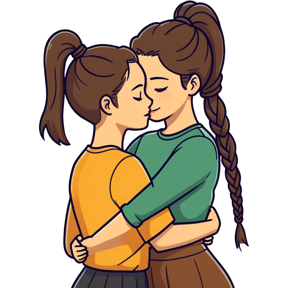 Comforting Hug two white skin women, one shorter woman with medium brown simple top ponytail, not braided, and one taller skinny sad face woman with a single long black side braid emoji