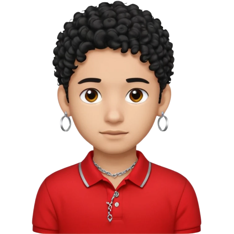teen boy, indian, black curly hair, undercut hairstyle, silver earring in one ear, red polo shirt, silver chain emoji