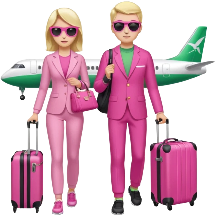 Девушка и мужчина вдвоем стоят в аэропорту с чемоданами. На фоне самолет в и табло с рейсами. Девушка в спортивном розовом , мужчина тоже в спортивном зеленом . Девушка держит дамскую сумку розовую. Мужчина держит фотоаппарат в руке и на нем солнцезащитные очки черного цвета  emoji