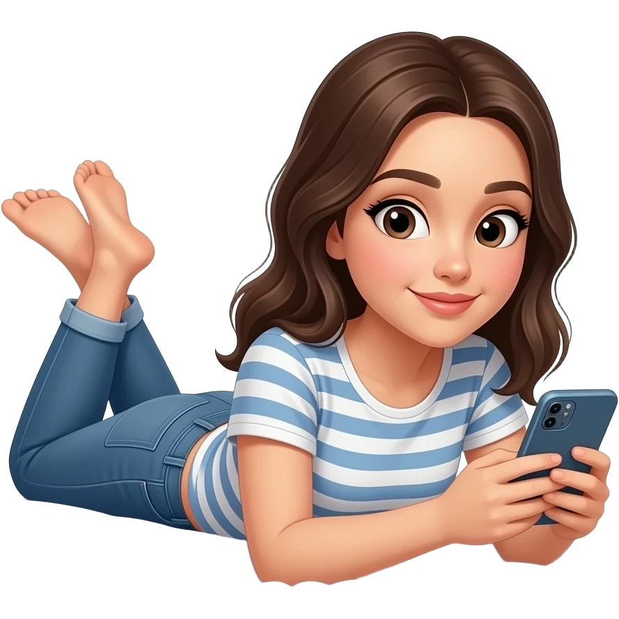 침대에 누워서 핸드폰 화면을 보는 캐주얼한 스타일의 예쁘고 귀여운 20대 여성 이모지 emoji