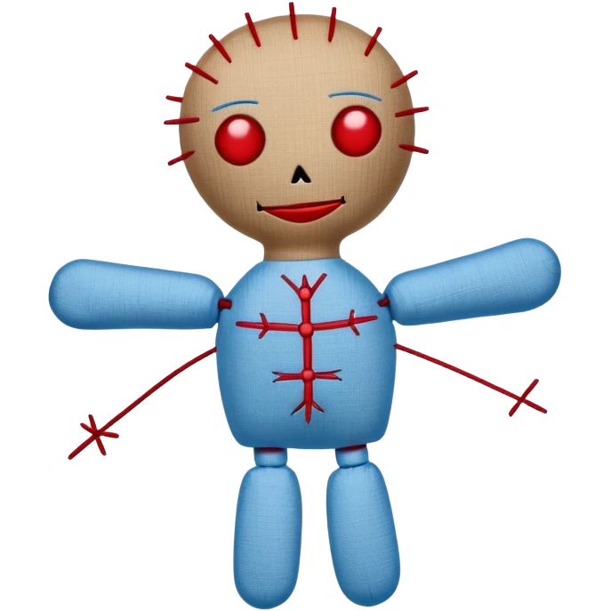 A voodoo doll made of fabric with Carolina blue (light blue) body and red stitches, with pins stuck in it emoji