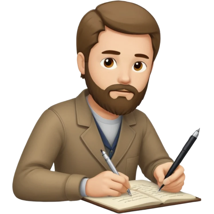 un escritor con barba y cabello medio largo, escribiendo emoji