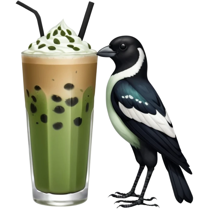  ONE Australien Magpie (just black and white feathers) sitting on an iced matcha latte on the edge of the glass. magpie has green matcha on its beak. matxha latte is in a see through glass and white from thr milk on the bottom and green without seeds on top… one straw & ice cubes emoji