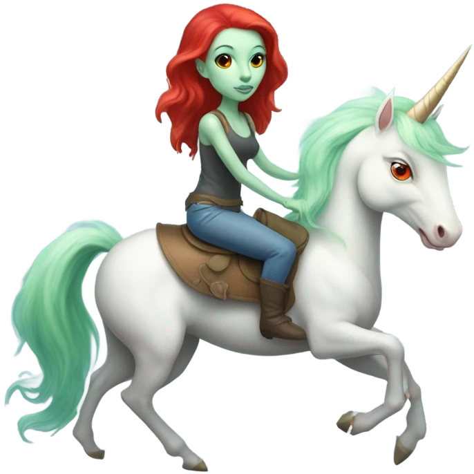 [politically incorrect
	{ woman: alien, color: light green, hair:red, eyes:cat} ]
	on a 
	[{ unicorn: white, legged:four, mane: light blue }] emoji