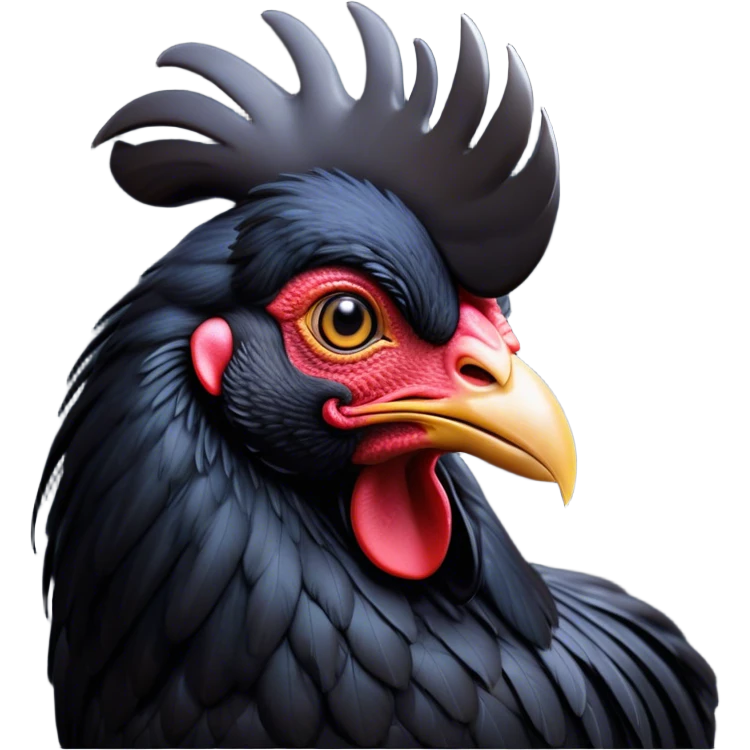 Cinematic Noble Black Rooster Portrait Emoji, Poised and regal, with a robust, commanding build and a sleek, well-groomed pure black plumage, deep-set soulful piercing eyes, Simplified yet sharp and sophisticated features, highly detailed, glowing with a soft, dignified glow, high shine, intelligent and proud, stylized with an air of mysterious majesty, focused and attentive, soft glowing outline, capturing the essence of a watchful and confident leader, so majestic it feels as though it could crow out of the screen with effortless authority! emoji