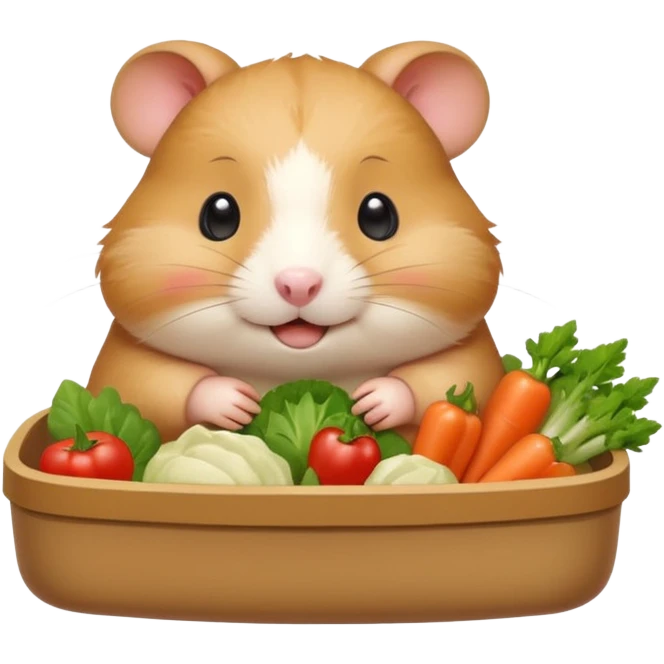 Cute chubby cartoon-style hamster holding a small bento box filled with vegetables, smiling proudly. Soft painterly shading, white background, sticker-style illustration emoji
