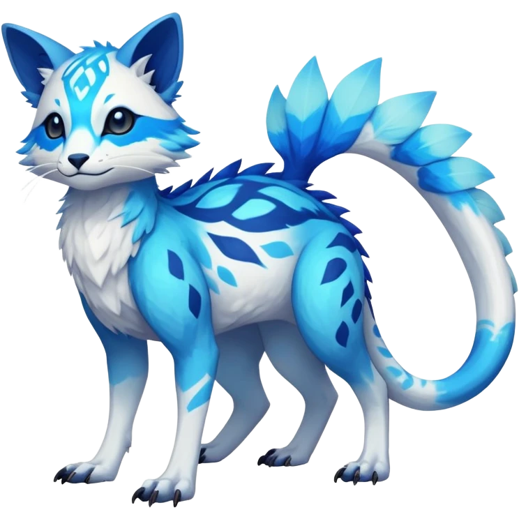 Rare realistic exotic white and neon-blue epic pretty beautiful handsome gorgeous aesthetic colorful vibrant Vernid-Trico-species-Fakemon-creature by LiLaiRa, 4 legs, 1 tail, random markings, (full body) emoji