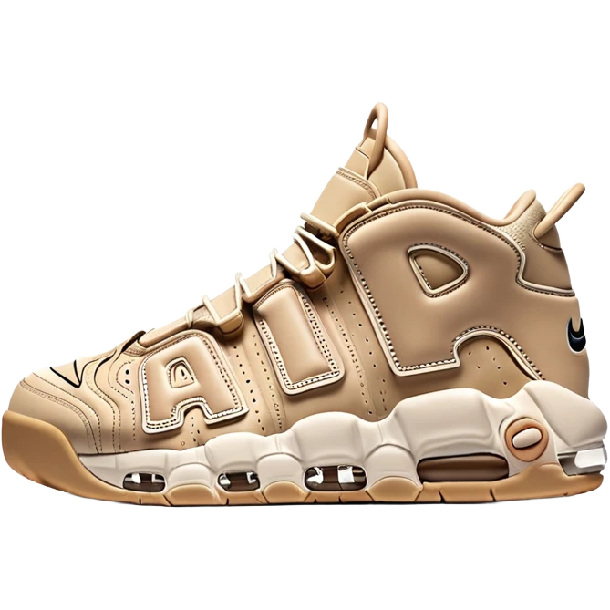 Simple clean pair of beige Nike Air More Uptempo sneakers arranged as a matching pair, minimal detailing but with distinct AIR lettering emoji