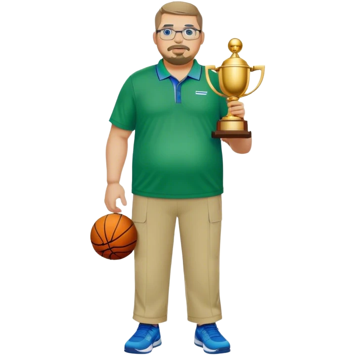  full body white obese male basketball coach with trophy. Goatee , Wearing glasses and blue and green nike polo shirt and khaki pants emoji