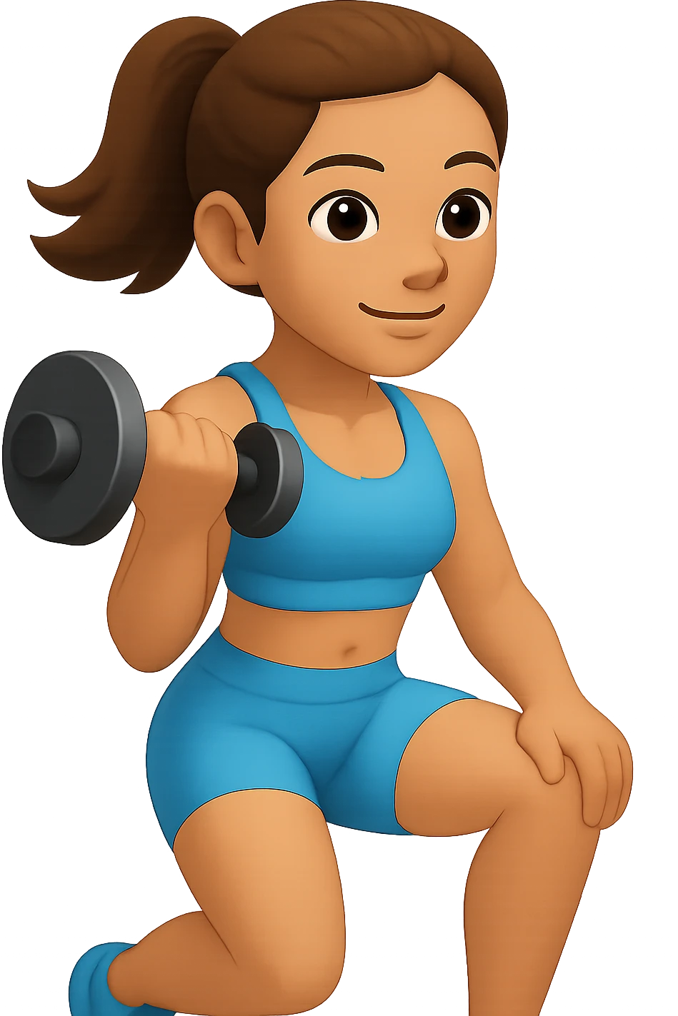 Create an emoji style illustration of a girl doing musculation wearing a cute baby blue workout set, inspired by the reference image. emoji