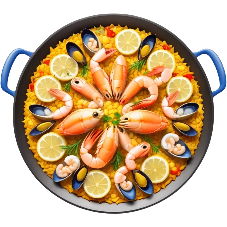 cinematic-realistic-paella-dish-emoji,-depicted-as-a-vibrant,-aromatic-rice-dish-loaded-with-seafood,-chicken,-and-saffron-rendered-with-rich-textures-and-dynamic,-warm-lighting with a lemon slice in the middle emoji
