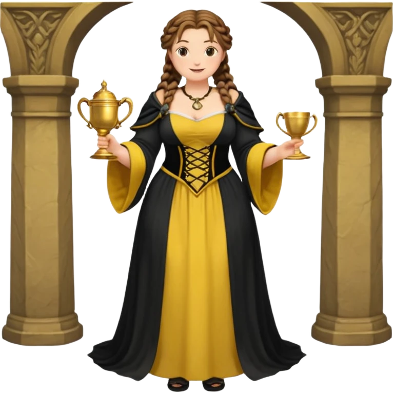 Helga Hufflepuff,brown-haired,2 braids,yellow-black medieval open dress,deep neckline,fat macromastia,black cloak decorated with gold braiding,gold cup with two handles,very kind smile,curvy busty sweet woman,round rosy cheeks,full length with medieval shoes emoji
