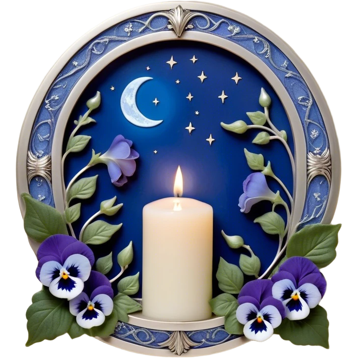 A peaceful sanctuary under the glow of a silver crescent moon, where lush blue pansies bloom in a secluded garden. The pearl-colored candle, adorned with delicate engravings, flickers with a soft luminescence, its wax melting into artistic patterns. Silver ivy vines weave through the flowers, catching the moon’s glow. A gentle breeze lifts tiny petals into the air, creating a serene and poetic atmosphere, while subtle celestial runes appear faintly in the candle’s light. emoji
