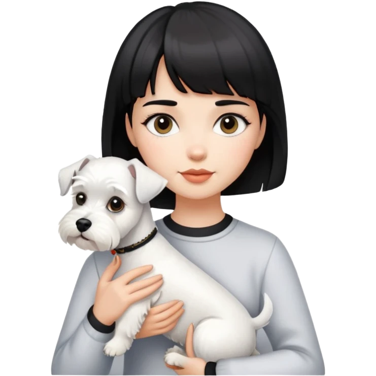 Girl with short black hair and bangs holding a white schnauzer dog emoji