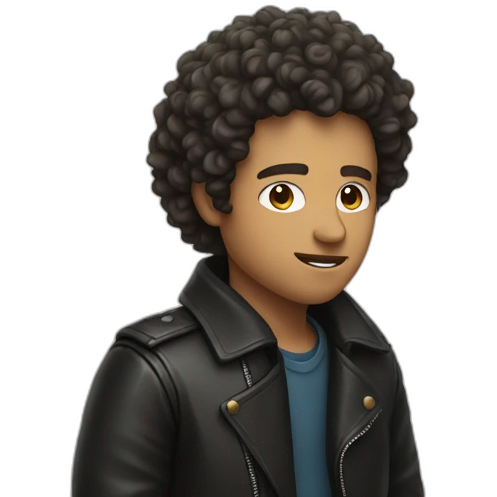 Man with curly hair listening to music with a leather jacket emoji