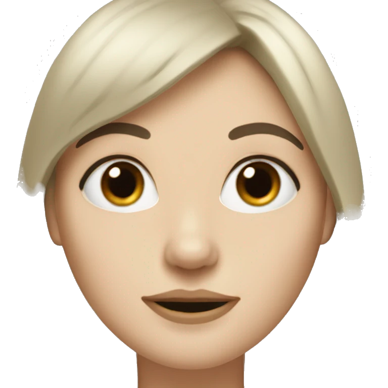 pale white woman with black hair and bangs with a little nose and brown e emoji