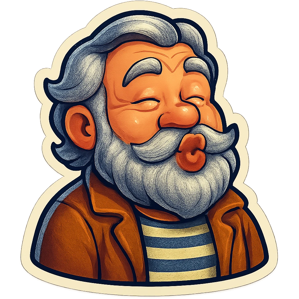 A dwarf with gray hair, a gray mustache, a gray beard, and gray eyebrows. He has blue eyes and wrinkles on his forehead. He is wearing a striped t-shirt and a brown jacket. The dwarf is displaying a kiss emotion. emoji