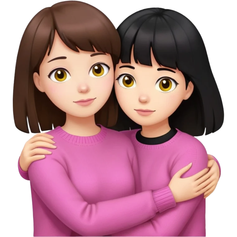 girl in pink sweater with brown hair and bangs hugs girl in yellow sweater with black hair emoji