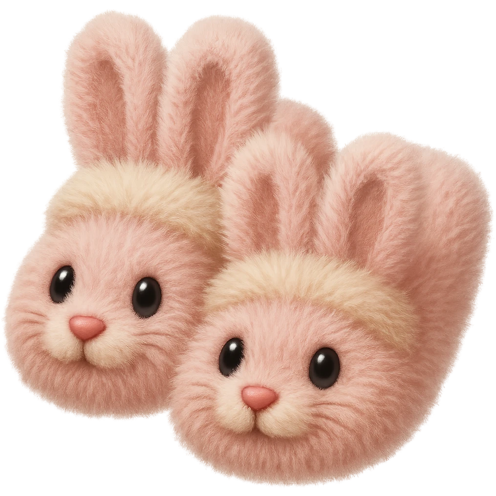 Make the light pink bunny slippers with floppy ears look extra fluffy in the style of emoji (apple style emojis). emoji