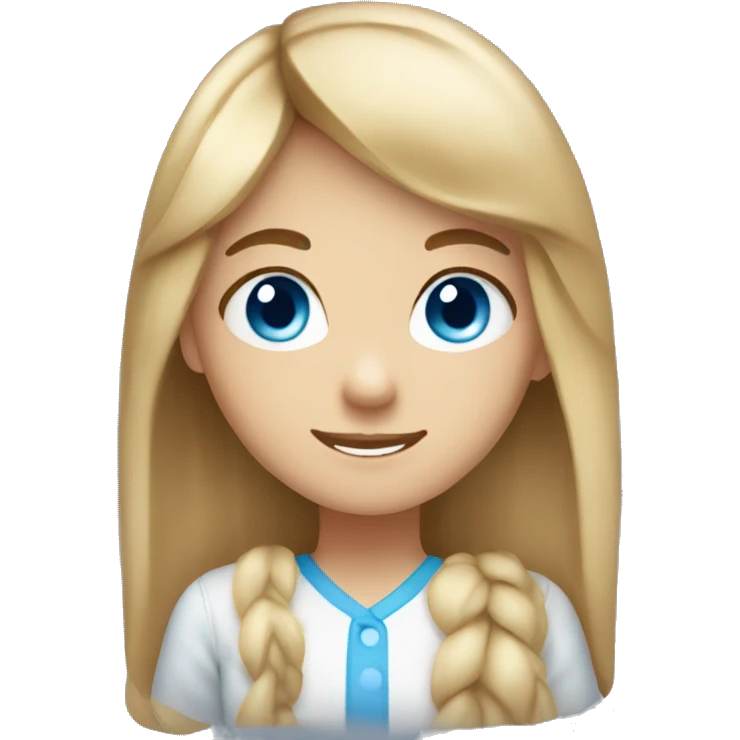 Girl with blue eyes and long brown hair with blonde bangs and cute smile emoji