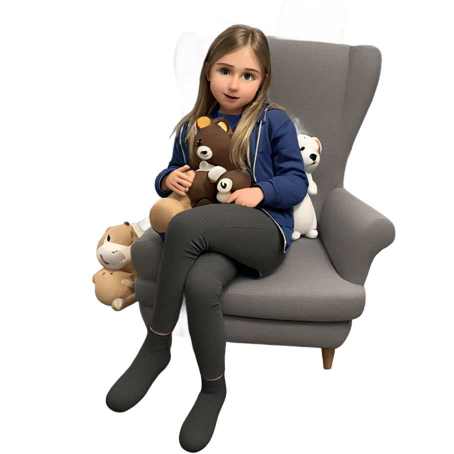 girl sitting with stuffed toy emoji
