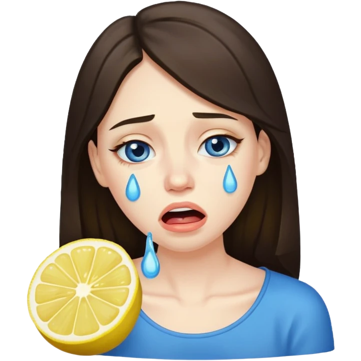 woman crying eating lemon. make tears blue color and brunette emoji