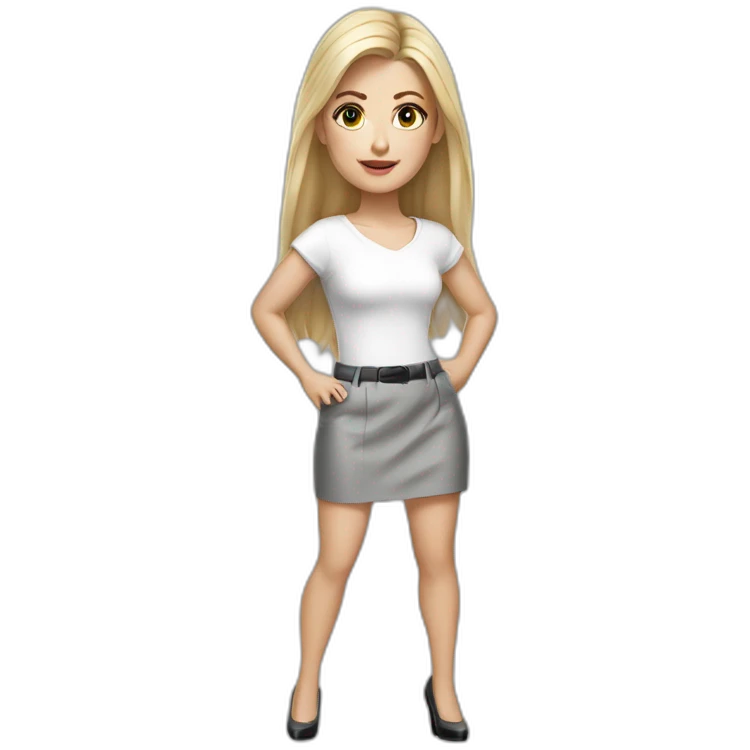 hyperrealistic caucasian long blonde brown eyes woman white top gray tight mini skirt black high heels emoji