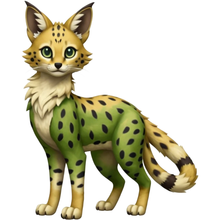 Epic complex detailed dark-hunter-green dark-brown beige realistic aesthetic-scenic-Fakémon-Sprigatito-Floragato-Meowscarada-Trico-Sergal-Serval-Vernid-creature (full body) emoji