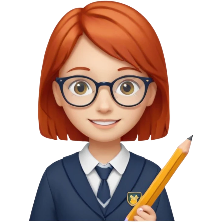 red long hair girl kid with glasses → holding a pencil with school uniform emoji