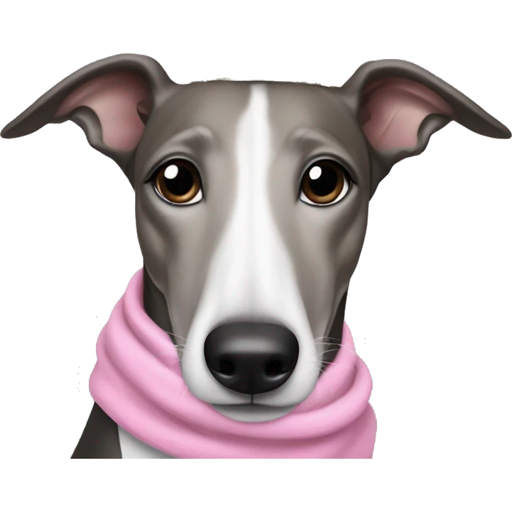 Black and white greyhound wearing a tiara and a pink scarf  emoji